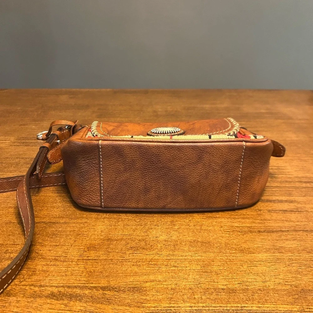 Brighton Vintage Colton Flap Saddle Bag Crossbody Aztec Brown Leather Purse - Picture 6 of 13